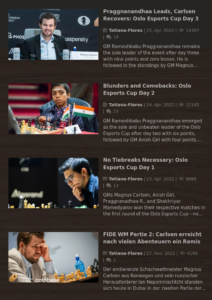 Screenshot von mehreren Artikel von Tatiana Flores auf der Webseite von Chess.com