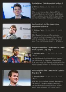 Screenshot von mehreren Artikel über das Schachturnier Olso Esports Cup 2021 auf der Webseite von Chess.com