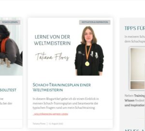 Ein Screenshot von dem Titelbild des Blogbeitrages über den Schach-Trainingsplan einer Weltmeisterin. Darauf sieht man die Weltmeisterin Tatiana Flores mit einer goldenen Medaille um den Hals gehängt.