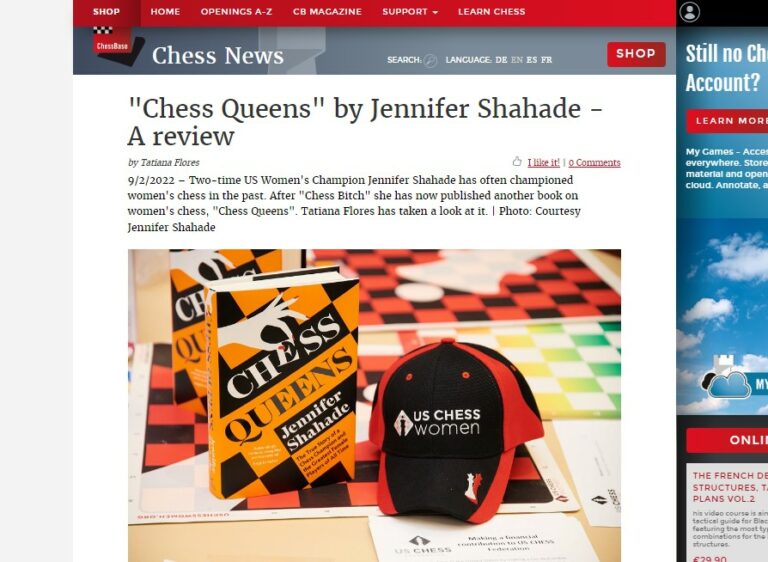 A screenshot of the review of Chess queens by Jennifer Shahade. Under the introduction we see a picture of the book lying on some colorful chessboards.