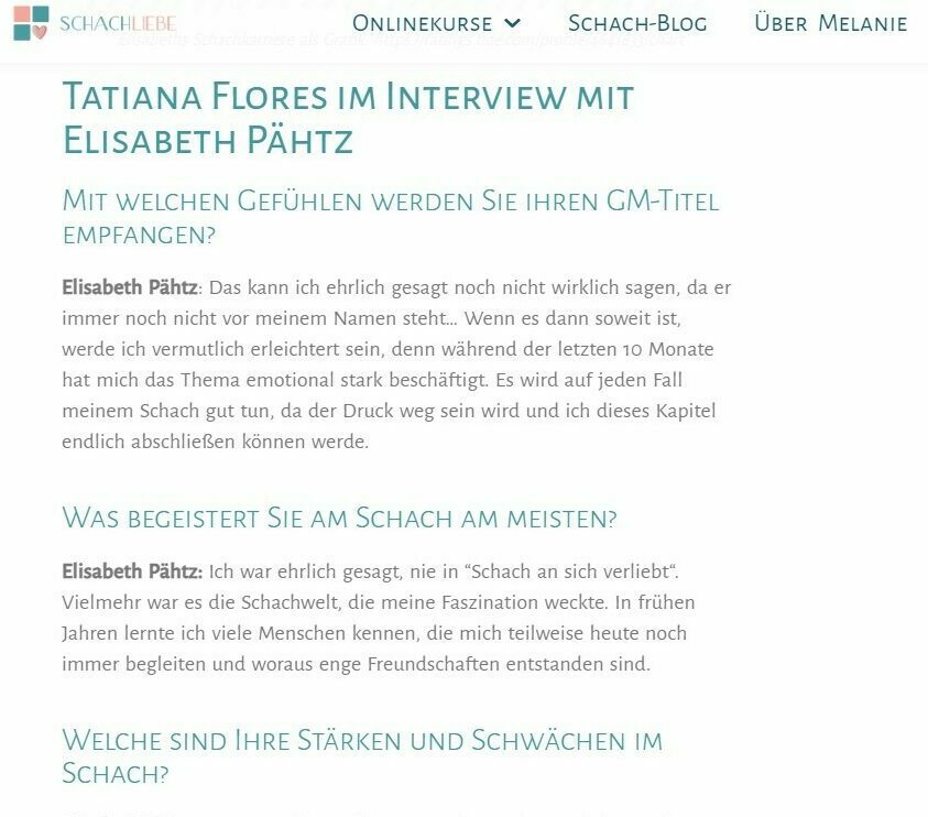Ein Screenshot von dem Artikel und Interview mit der deutschen Schachspielerin GM Elisabeth Pähtz.