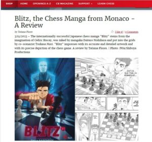 A screenshot of the review of the chess manga Blitz on ChessBase.