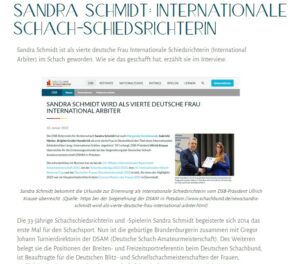 Eis Screenshot von der ersten Seite des Interview der Autorin dieses Beitrags mit der deutschen Schach-Schiedsrichterin Sandra Schmidt.