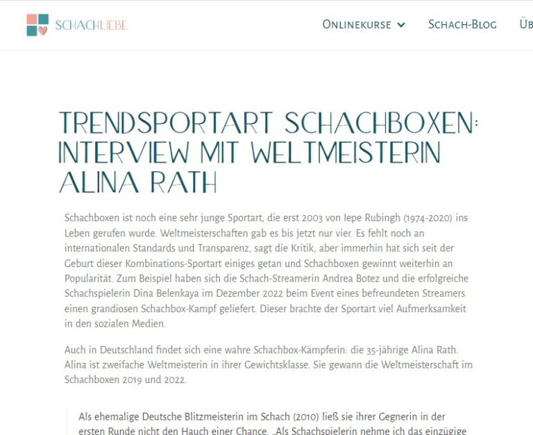 Eine Bildschirmaufnahme von dem Interview mit der Schachboxweltmeisterin Alina Rath.
