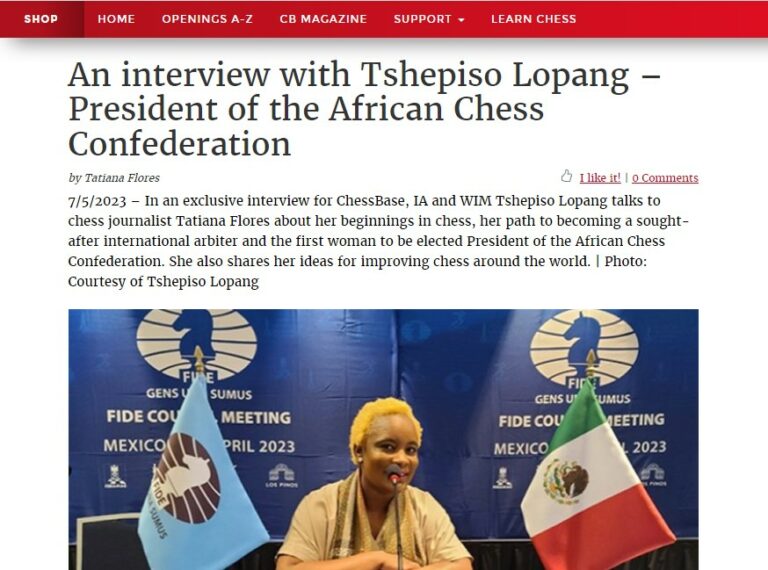 A screenshot of the interview between Tatiana Flores and the president of the African Chess Confederation Tshepiso Lopang.